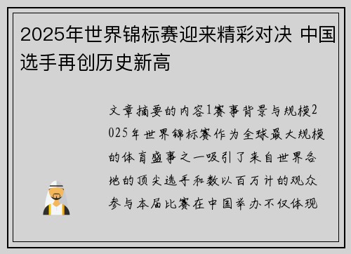2025年世界锦标赛迎来精彩对决 中国选手再创历史新高